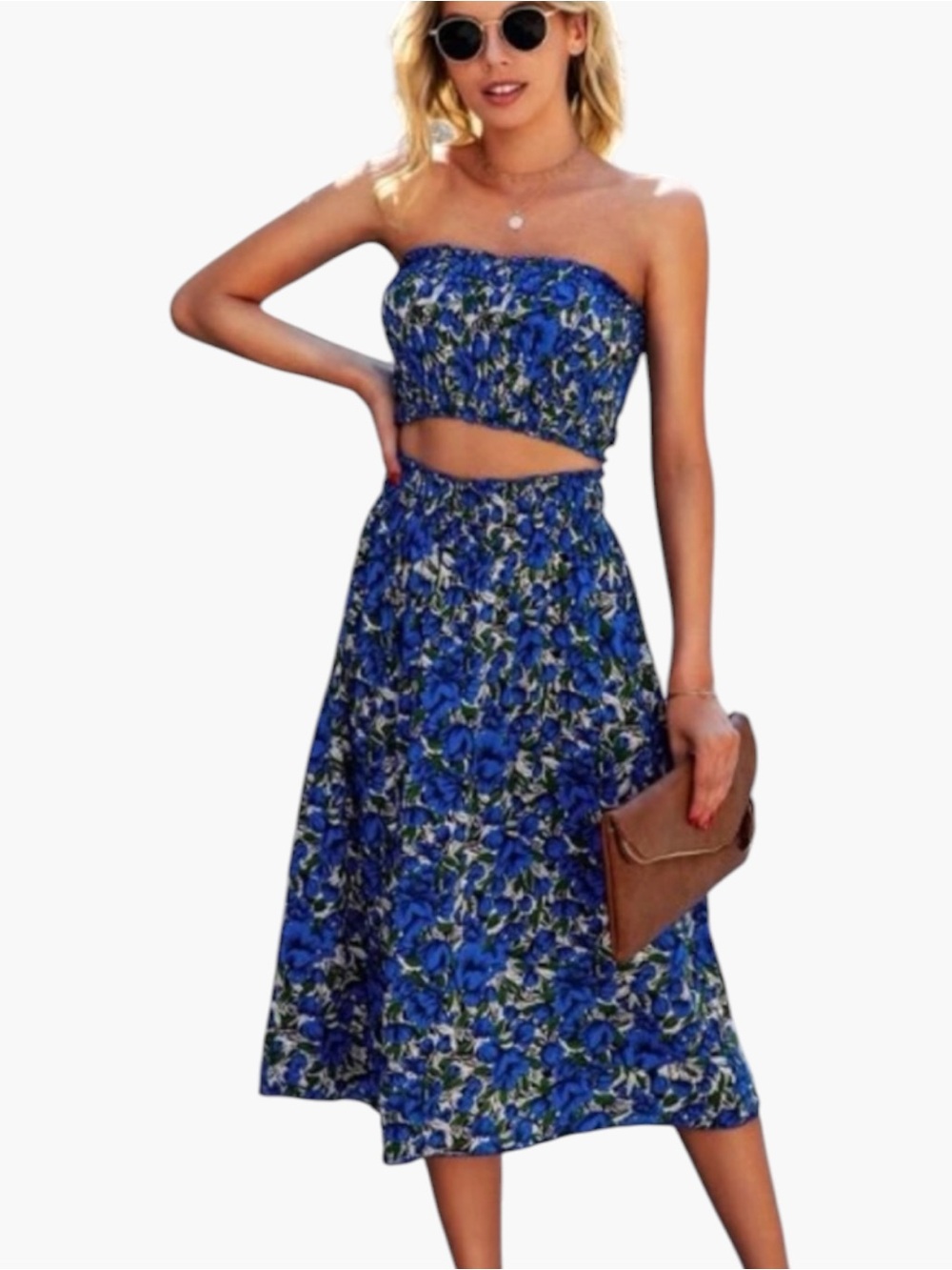 Blue Floral Strapless Smocked Two-Piece Midi Skirt Set